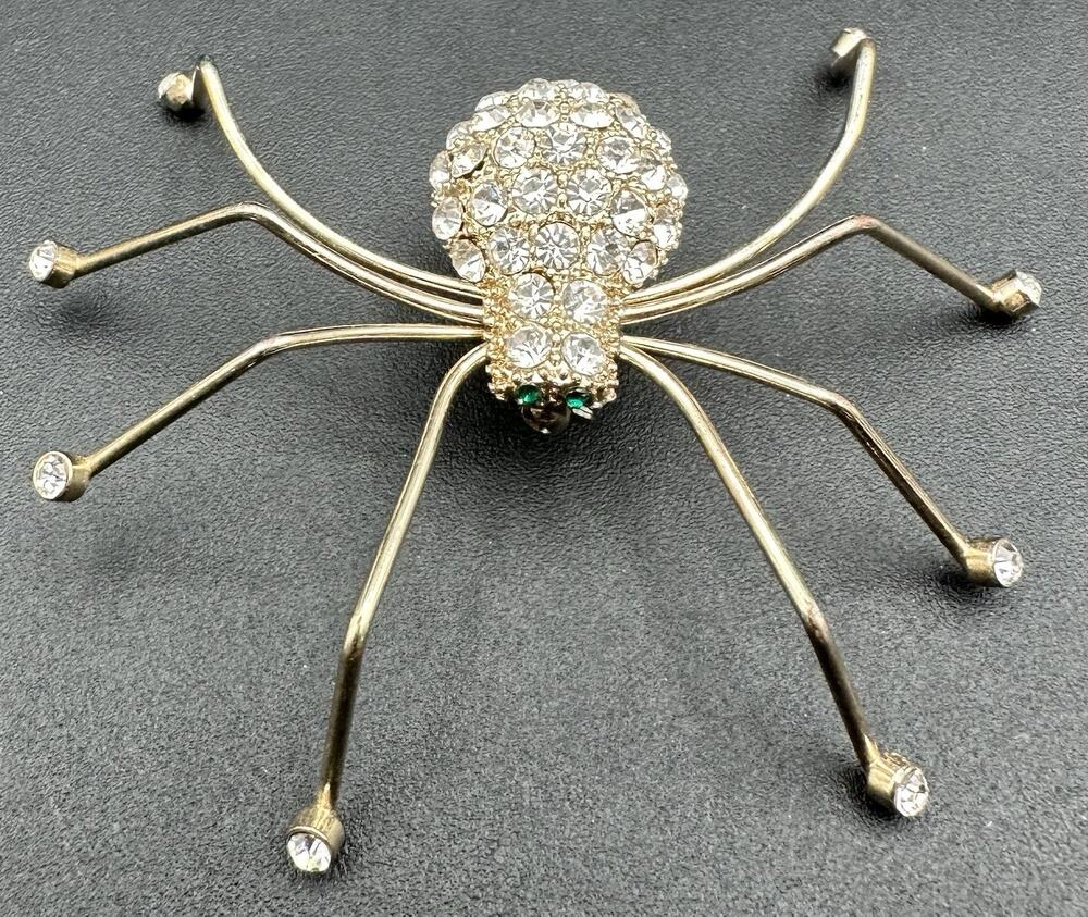 Spider Brooch Pin Rhinestone Costume Jewelry Green Eyes Bug Creepy Halloween KC